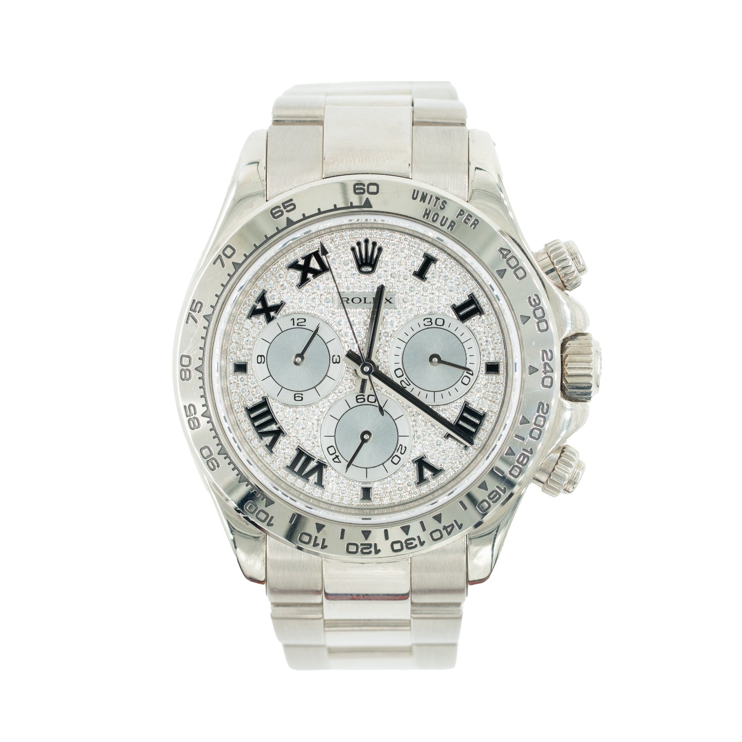 Silver watch with a detailed face on a white background