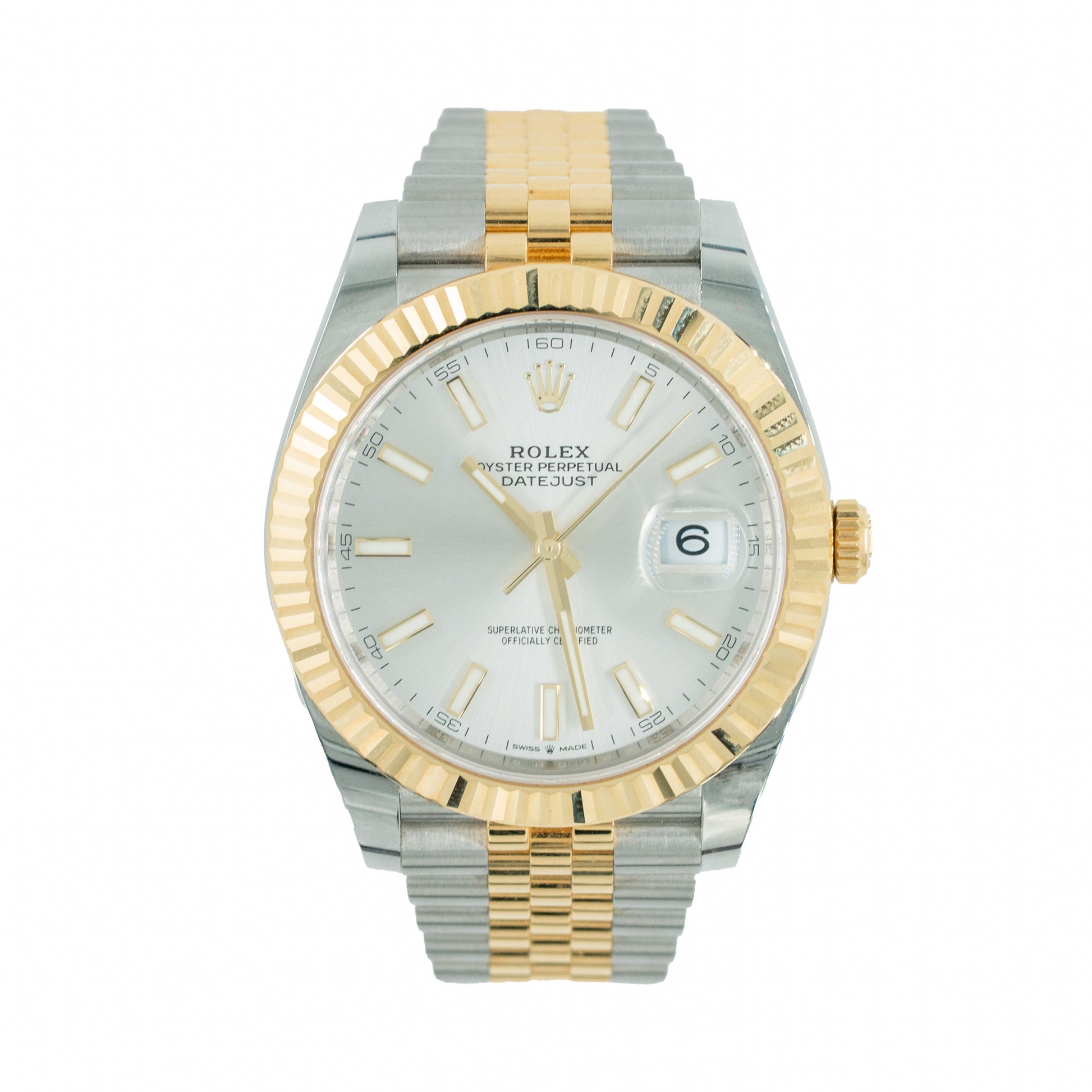 Two-tone silver and gold Rolex watch on a white background